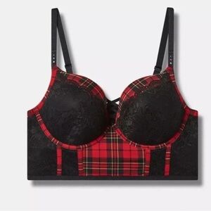 NWT Torrid XO Boost Plunge Tartan Plaid Red Black Bra Sz 44B